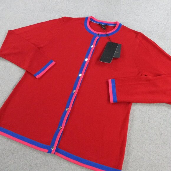 Escada Cardigan Sweater Womens Large Cherry Red Blue Pink Virgin Wool Button Up - Picture 2 of 11
